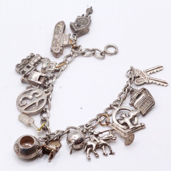 Vintage Silver Multi Charms Music 13 Tanker Keys Chairs Bracelet 35g - Picture 3 of 7